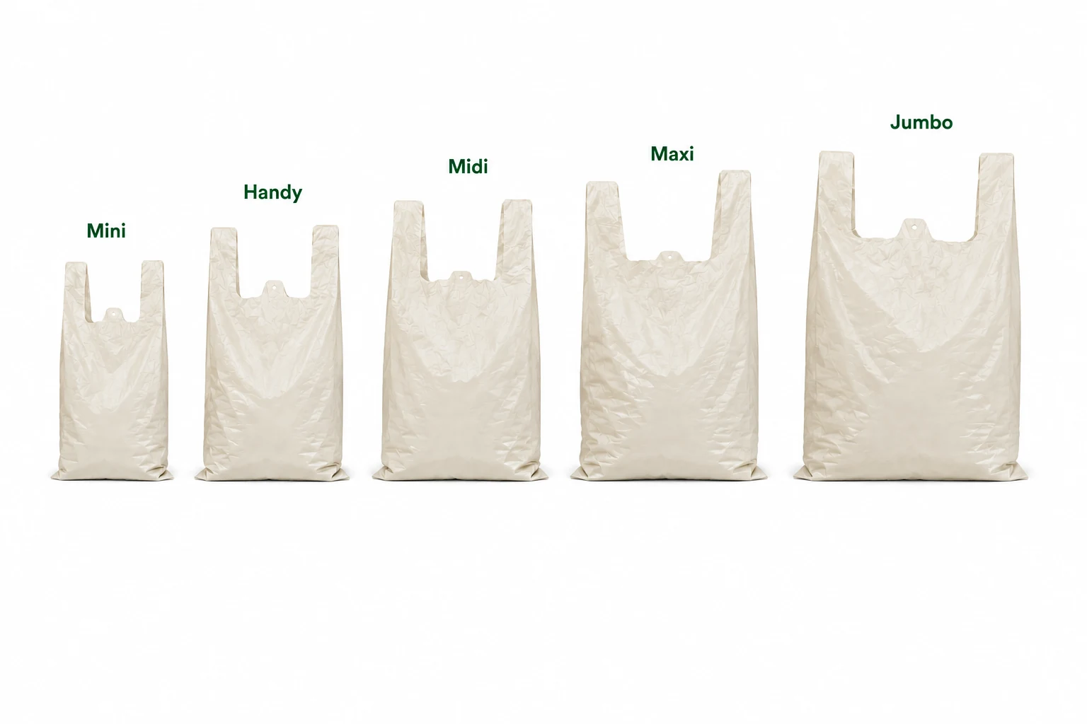 Bag Babe carrier bag size range - Mini, Handy, Midi, Maxi and Jumbo, 200 x 460 mm to 340 x 600 mm, 28 micron