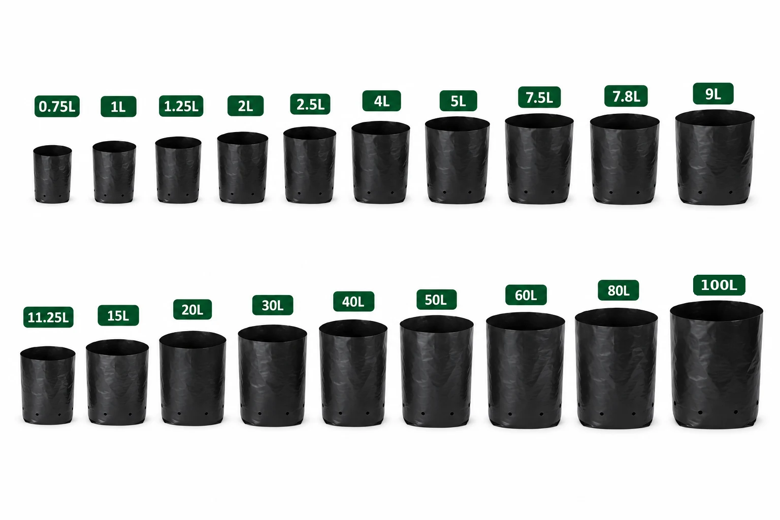 Bag Babe nursery bag size chart - 19 sizes from 0.75L to 100L