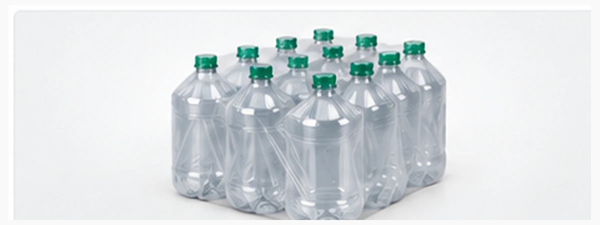 Bag Babe shrink film wrapped around a pack of plastic bottles, 150 to 1200 mm wide, 18 to 200 micron