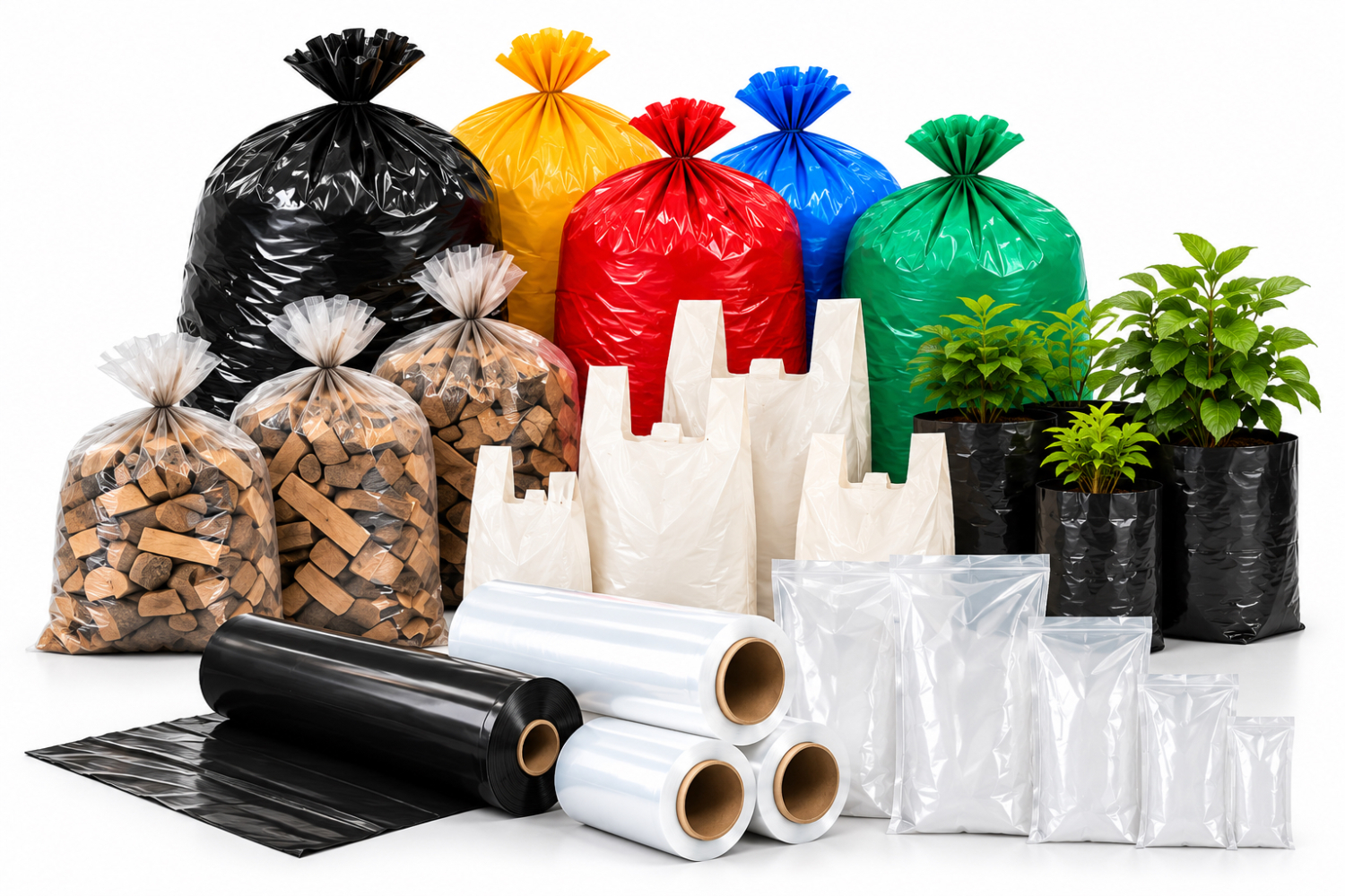 Bag Babe plastic bag product range: coloured refuse bags, firewood bags, carrier bags, planter bags, poly bags, plastic sheeting and pallet wrap