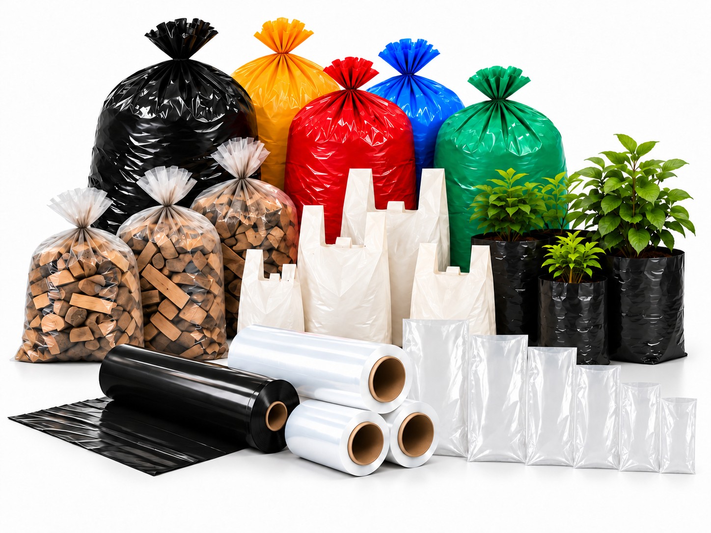 Bag Babe product range: black, yellow, red, blue and green refuse bags, clear firewood bags, white carrier bags, black planter bags, clear stock bags, black sheeting and clear pallet wrap rolls, manufactured in South Africa