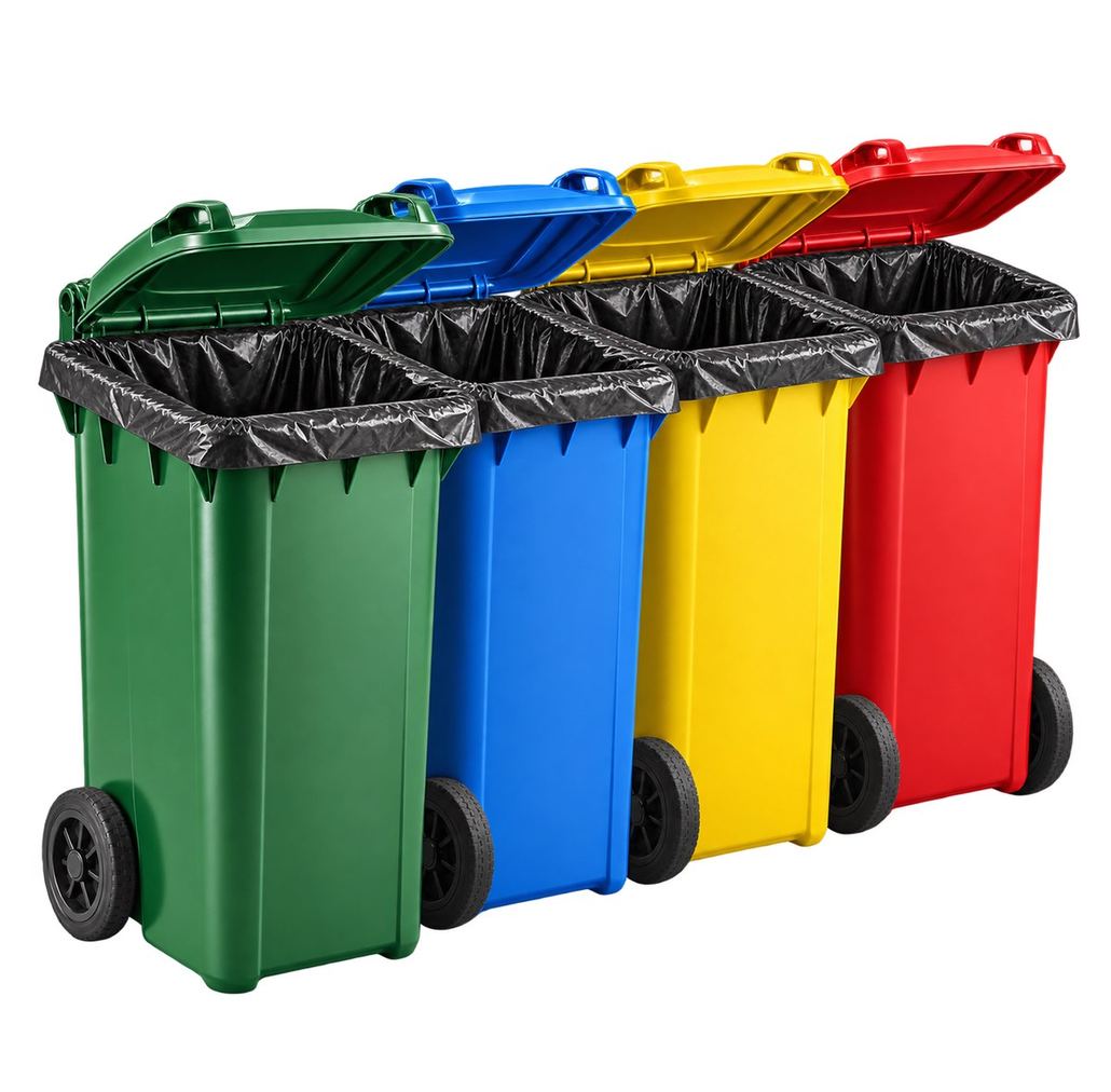Trolley bin bags and wheelie bin bags Black trolley bin bags fitted in green, blue, yellow and red wheelie bins